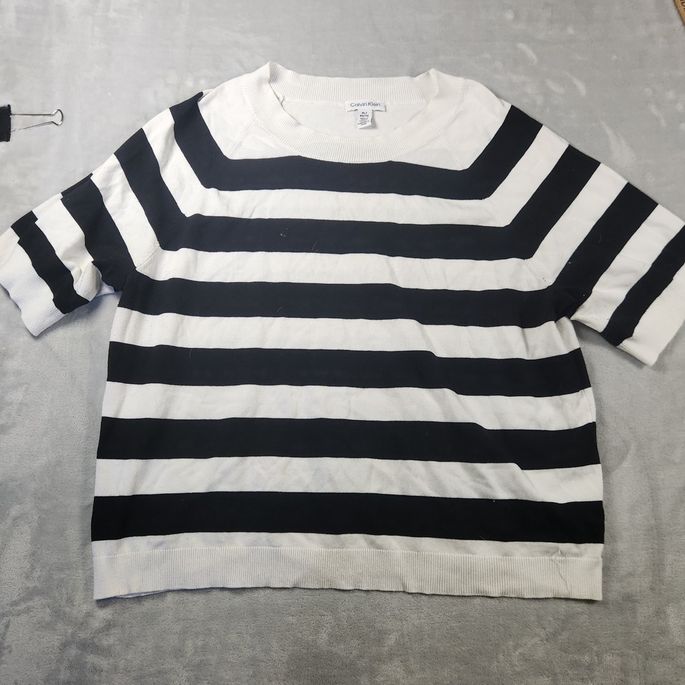 Calvin Klein Womens X Large Short‎ Sleeve Boat Neck shirt black white striped -